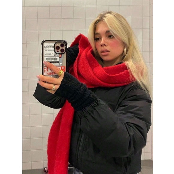 Red Wide Shawl Scarf With Tassels Fuzzy Knit - Picture 2 of 6